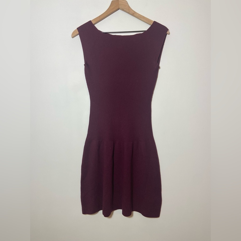 Theory Plum Fit & Flare A Line Marino Wool Mini Dress Ribbed Sleeveless Sz Small